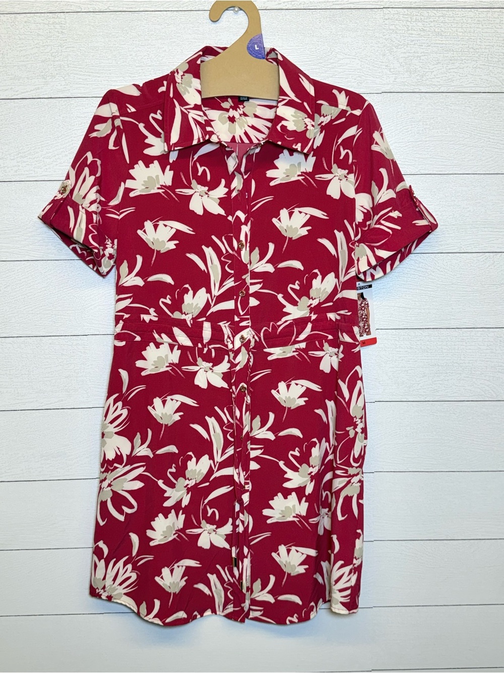 Halston pink Floral Mini shirt dress button down cinches at the waist Medium
